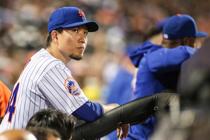 Aug 13, 2023; New York City, New York, USA; New York Mets starting pitcher Kodai Senga (34) looks at the scoreboard in the fifth inning against the Atlanta Braves at Citi Field.